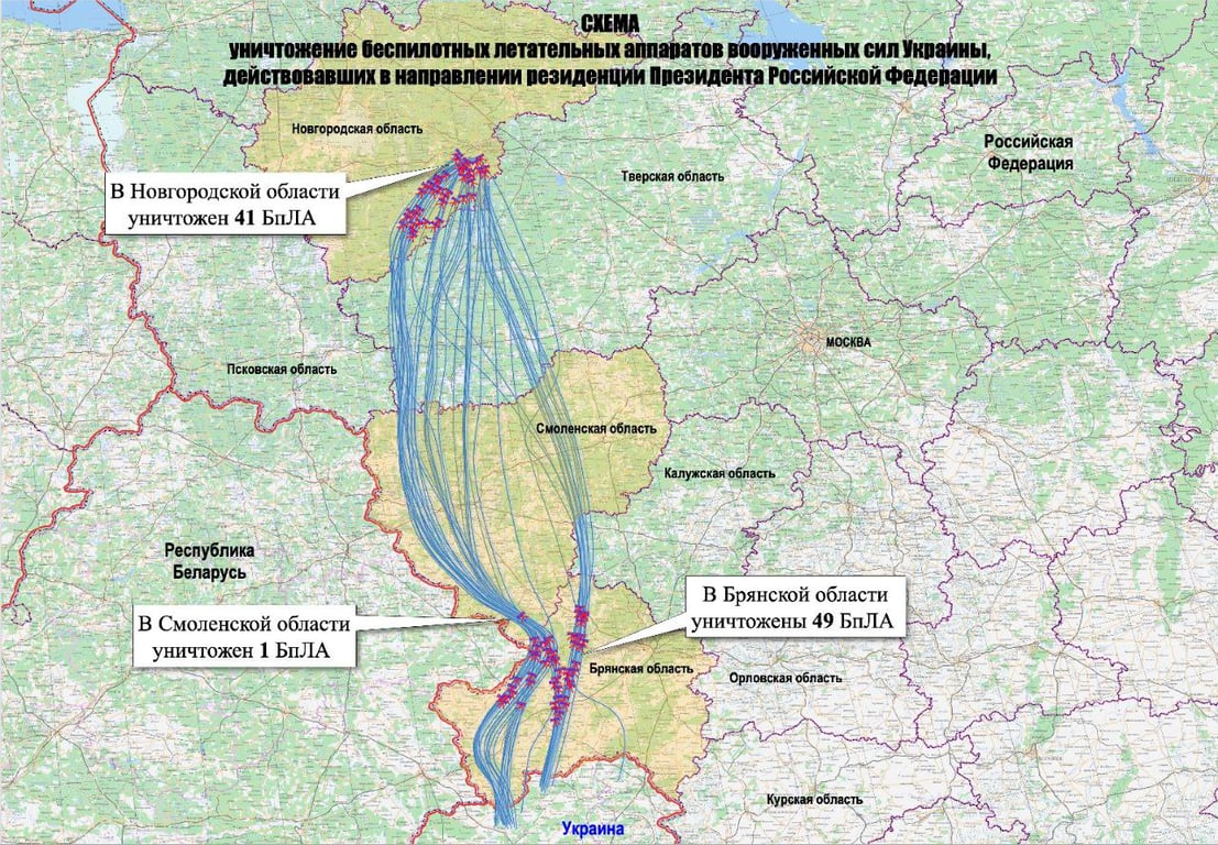 The mapped Ukrainian drone trajectories. Photo: Russian Defence Ministry