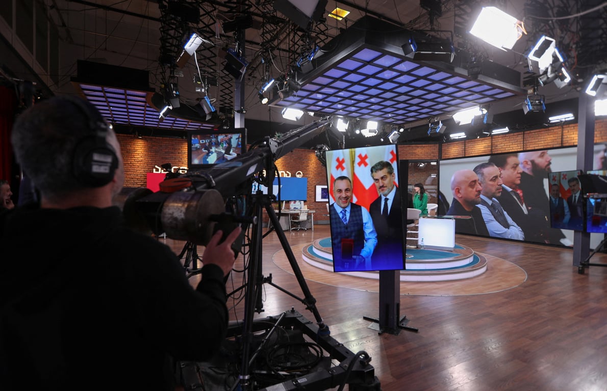 Студия телеканала «Имеди ТВ» в Тбилиси, Грузия, 27 февраля 2026 года. Фото: Irakli Gedenidze / Reuters / Scanpix / LETA