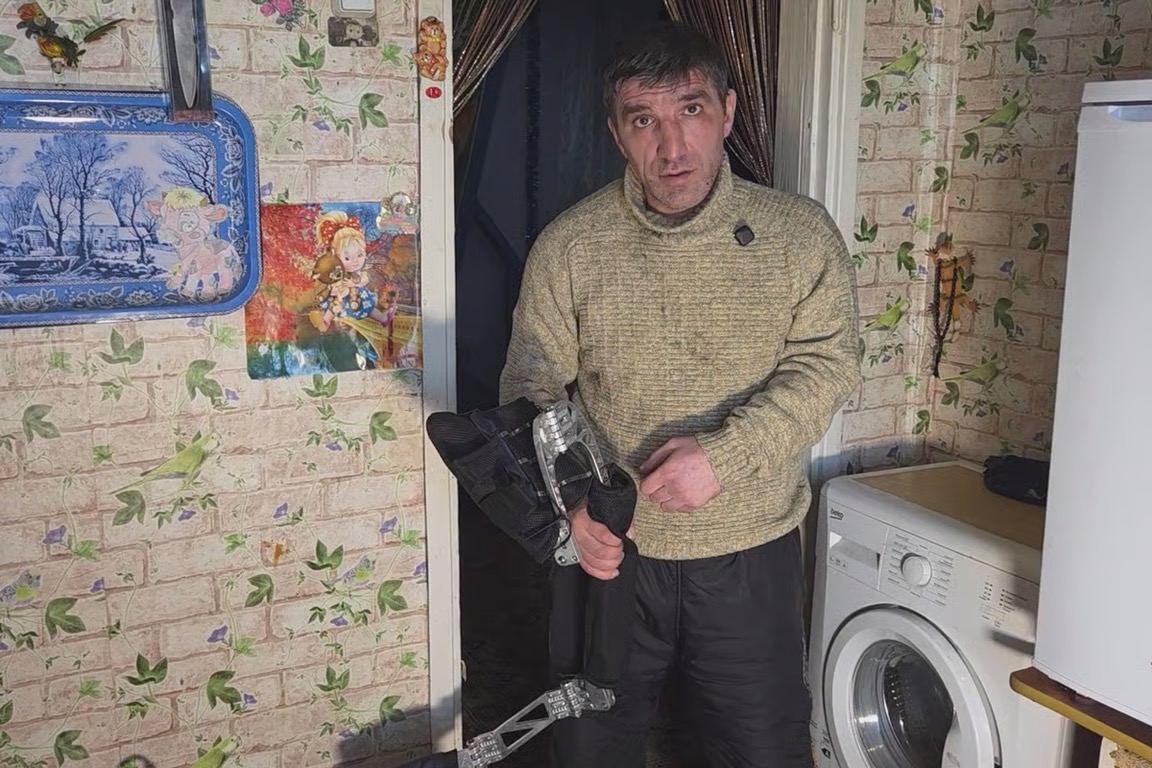 Malik Shikhsafiev with an exoskeleton provided by Defenders of the Fatherland, January 2026. Photo: Vladimir Koryavikov / VK