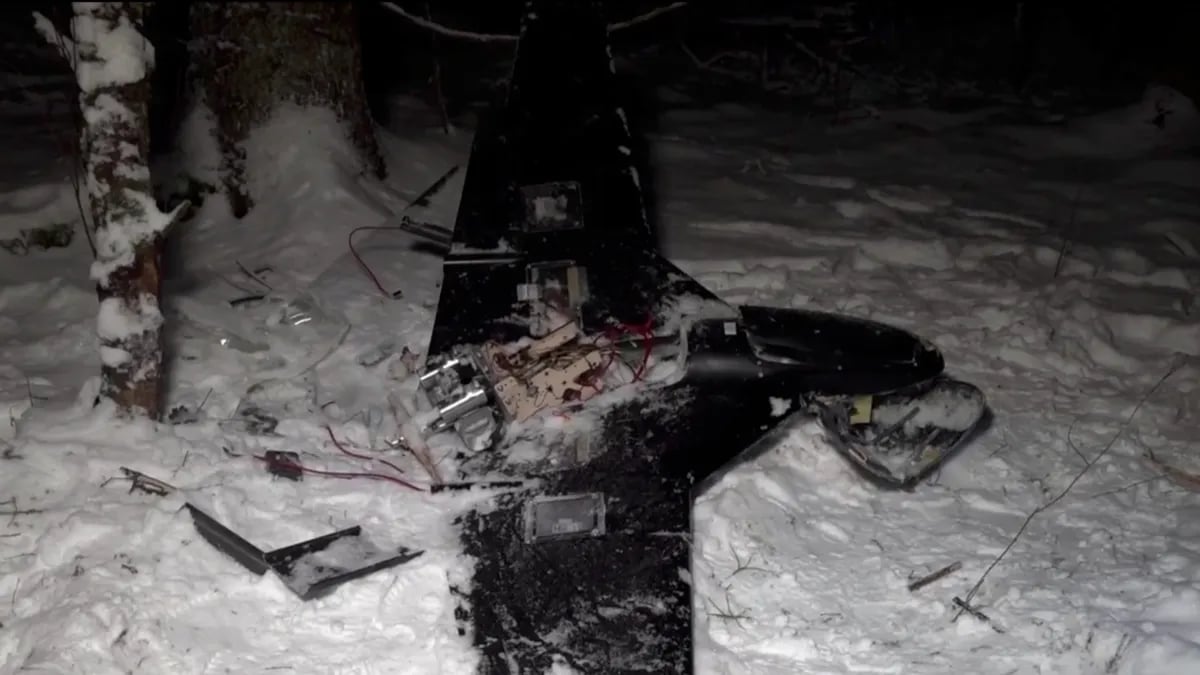 A screenshot from a video published by the Russian Defence Ministry, apparently showing the debris of an intercepted Ukrainian drone.