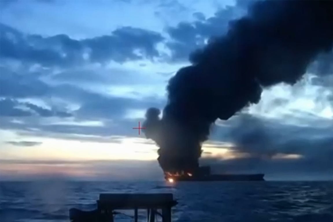 A frame from a video by the  Security Service of Ukraine (SBU) shows smoke rising from a burning cargo ship in the Black Sea off the coast of Türkiye on 29 November 2025. Photo: SBU / AFP / Scanpix / LETA