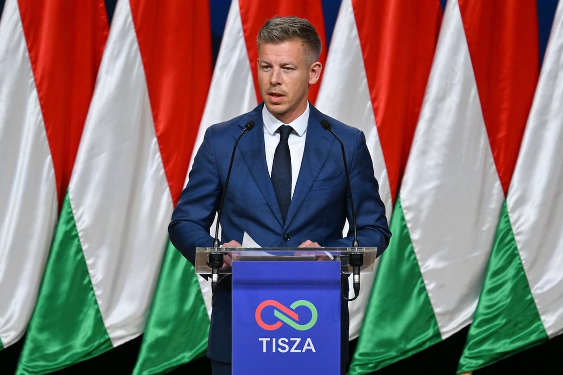 Péter Magyar holds a press conference in Budapest. 13 April 2026. Photo: EPA/TIBOR ILLYES