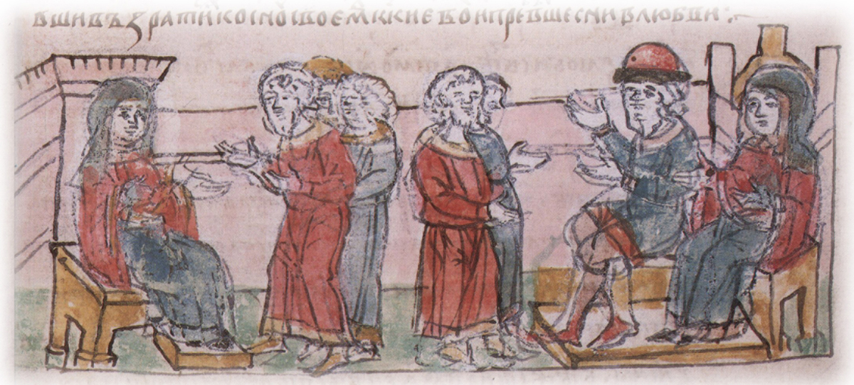 Устройство Ольгой погостов и обложение данью населения; княжение Ольги и Святослава в Киеве. Миниатюра из Радзивилловской летописи, конец XV века. Источник:  Wikimedia