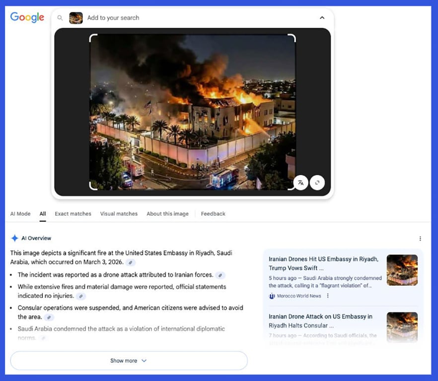 В обзоре искусственного интеллекта Google ложно утверждается, что на изображении с использованием искусственного интеллекта виден «мощный пожар» в посольстве США в Эр-Рияде. Фото: cкриншот с сайта NewsGuard