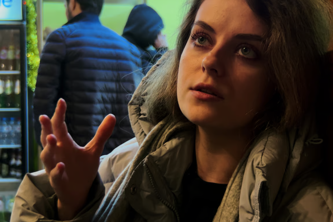 A still of journalist Irina Dolinina from My Undesirable Friends.