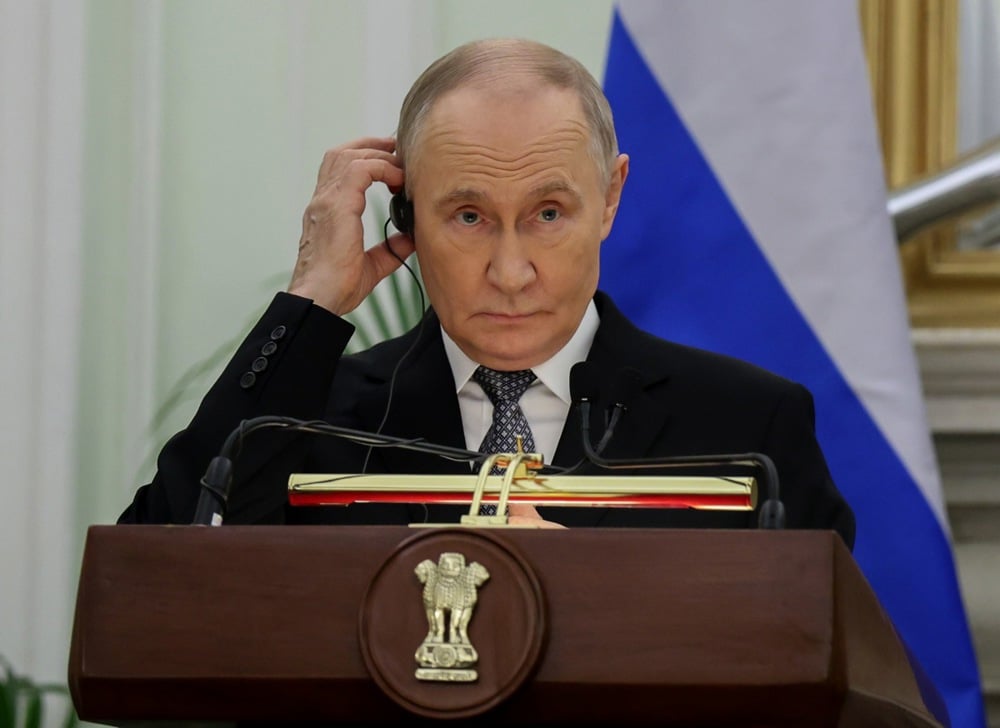 Vladimir Putin speaks at a press conference in New Delhi, India, 5 December 2025. Photo: EPA/RAJAT GUPTA