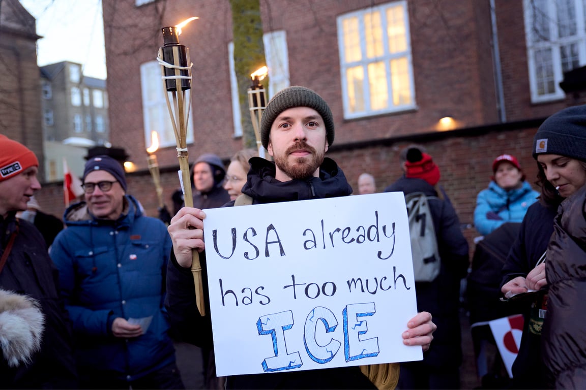 A demonstration in front of the US embassy in Copenhagen, Denmark, 14 January 2026. Photo: EPA/Thomas Traasdahl