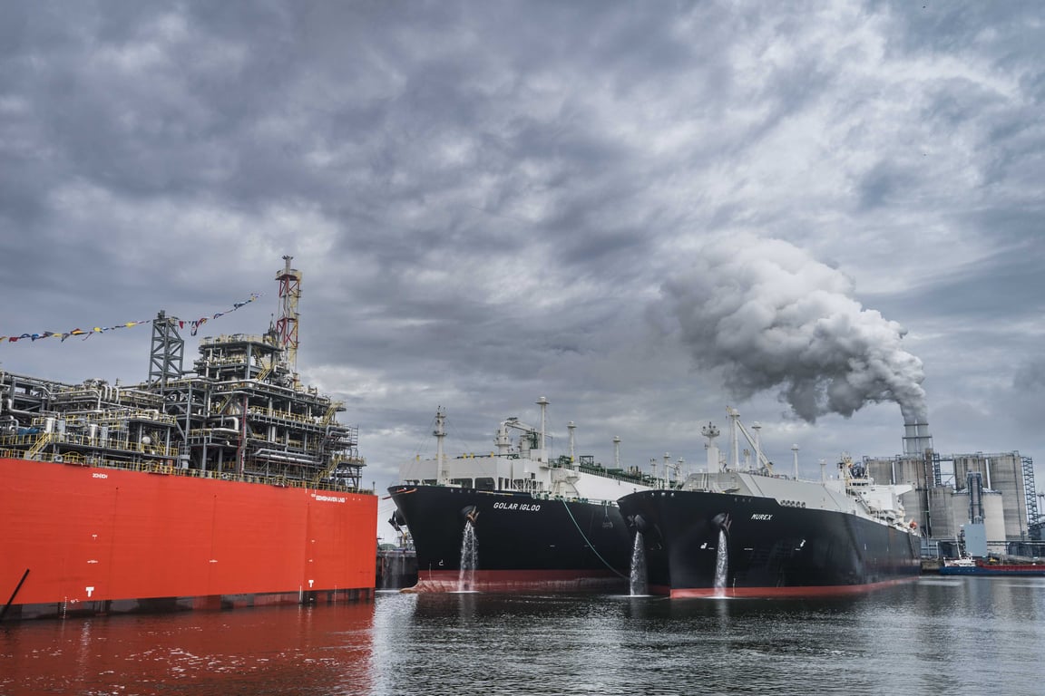Two floating storage regasification units used to convert LNG into gas in the Dutch port of Eemshaven, 8 September 2022. Photo: EPA / Siese Veenstra