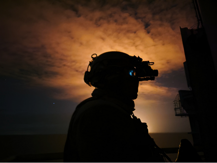 Combat patrol on a tower on Ukraine’s Black Sea coast, winter 2025.