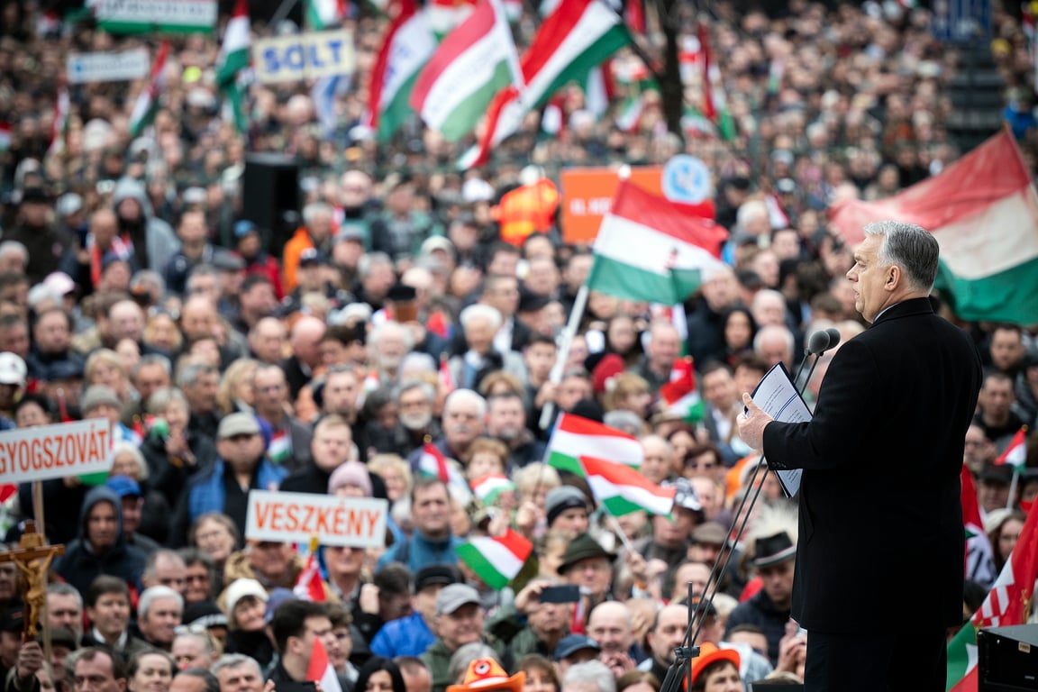 Hungarian Prime Minister Viktor Orbán speaks at a ceremony to mark the 177th anniversary of the outbreak of the 1848 revolution and war of independence against Habsburg rule, in Budapest, Hungary, 15 March 2025. Photo: EPA-EFE / VIVIEN CHER BENKO