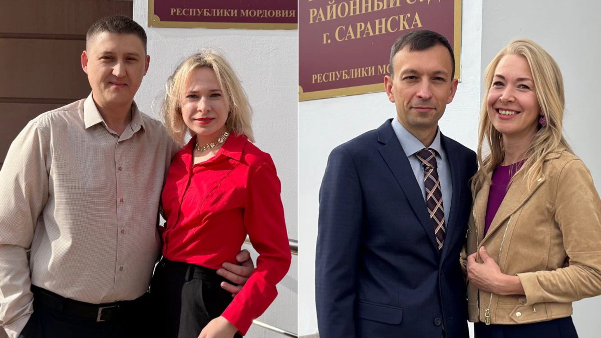 Иван Неверов с супругой Татьяной и Михаил Шевчук с супругой Ярославой у здания районного суда в Саранске. Фото:  Свидетели Иеговы