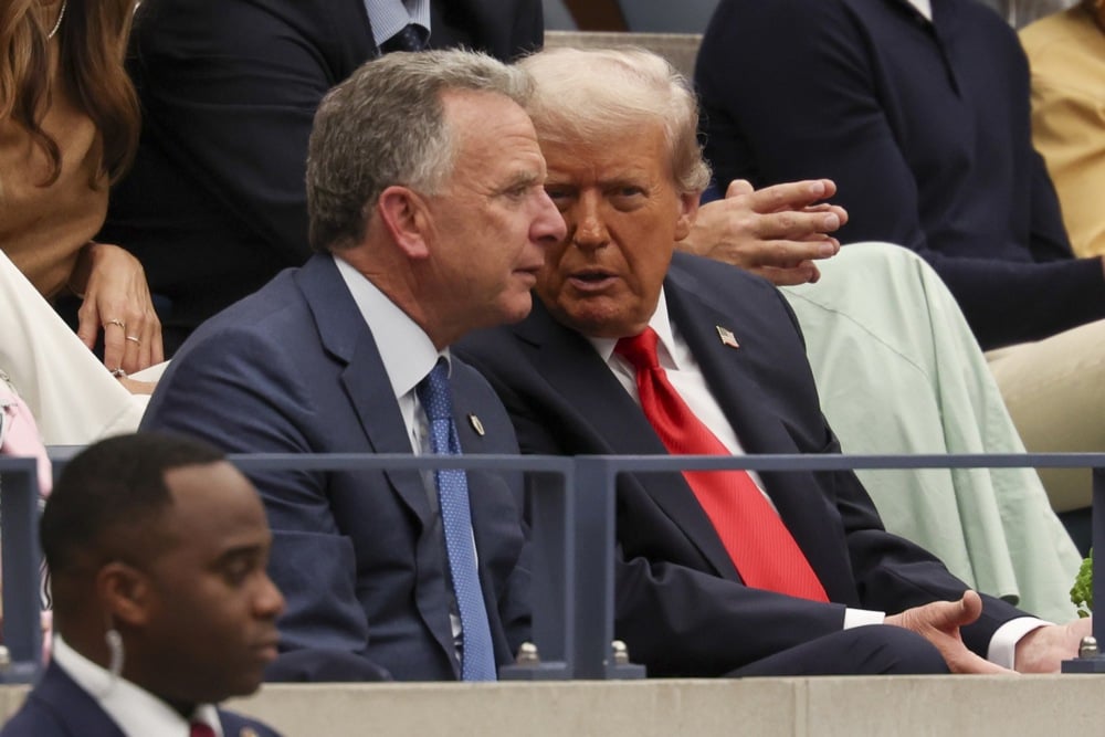 Steve Witkoff and Donald Trump watch the final of the US Open Tennis Championships in New York, 7 September 2025. EPA/SARAH YENESEL