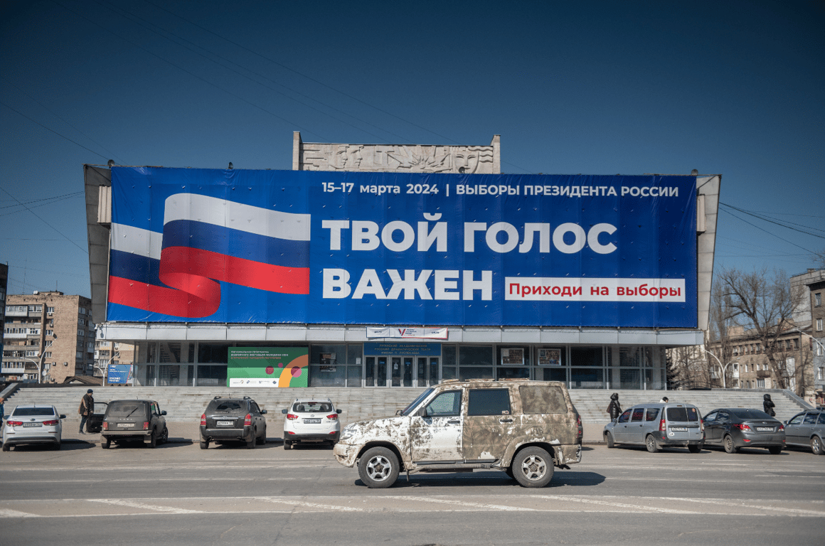 A billboard reading “your voice is important” urges residents of occupied Luhansk to vote in Russia’s upcoming presidential election, 12 March 2024. Photo: EPA / Valery Melnikov