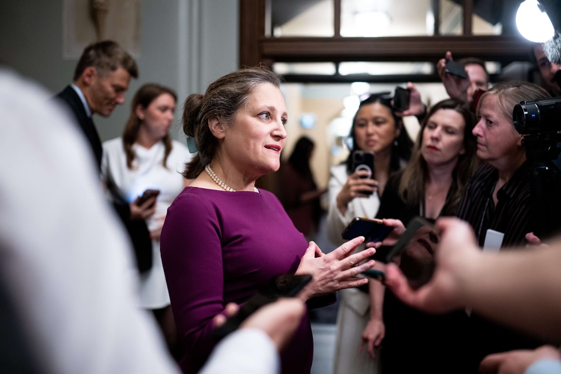 Chrystia Freeland speaks to reporters prior to a cabinet meeting in Ottawa, Canada, 14 May 2025. Photo: EPA / Spencer Colby