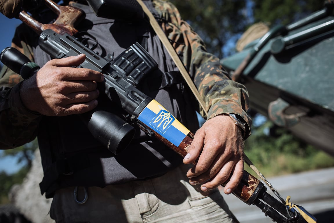 The Ukrainian national flag and trident on display at a military checkpoint outside the Donetsk region city of Debaltseve in eastern Ukraine, 5 September 2014. Photo: EPA / Roman Pilipey