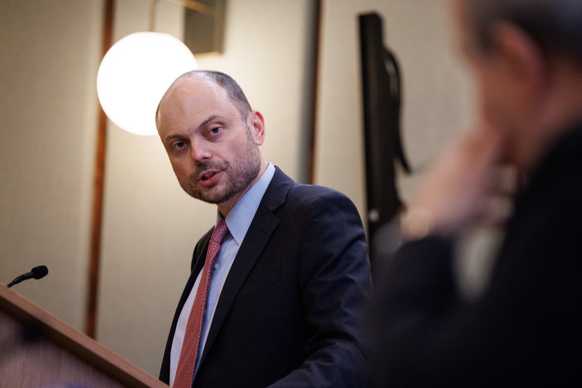Vladimir Kara-Murza speaks at The Royal United Services Institute in London, 20 September 2024. Photo: EPA / Tolga Akmen