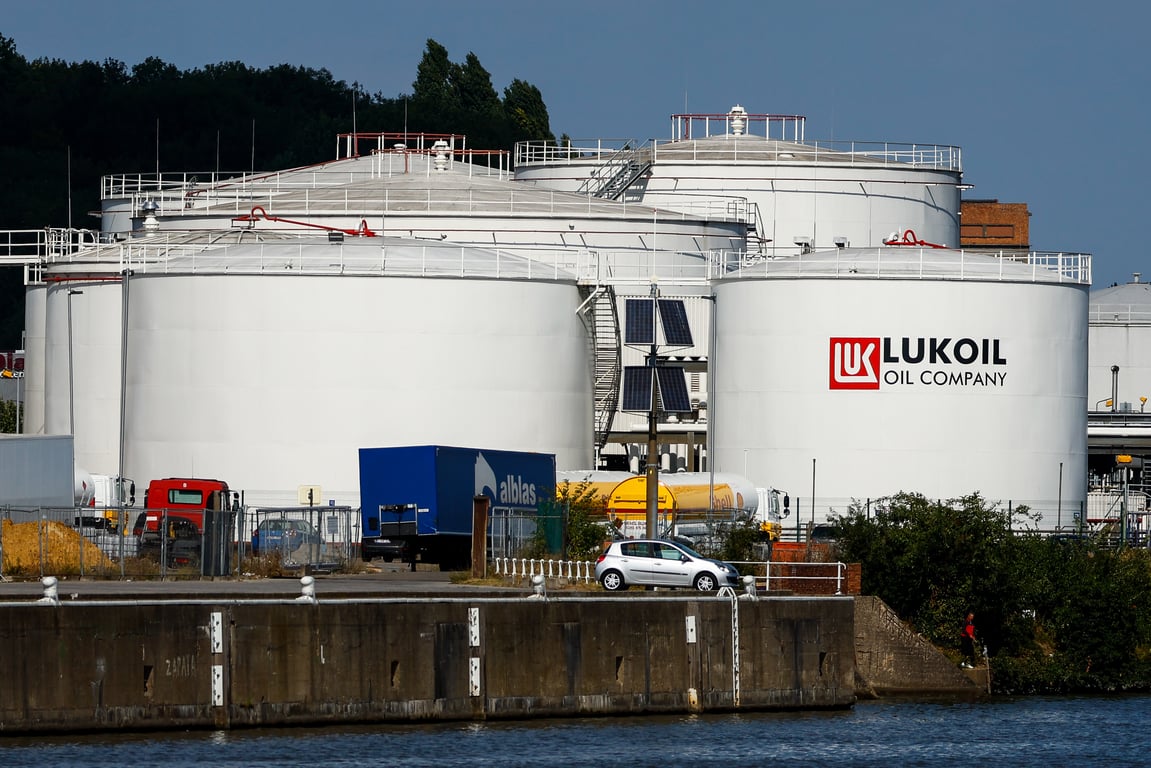 Lukoil fuel tanks at its headquarters in Brussels, Belgium, 2 September 2022. Photo: EPA/STEPHANIE LECOCQ