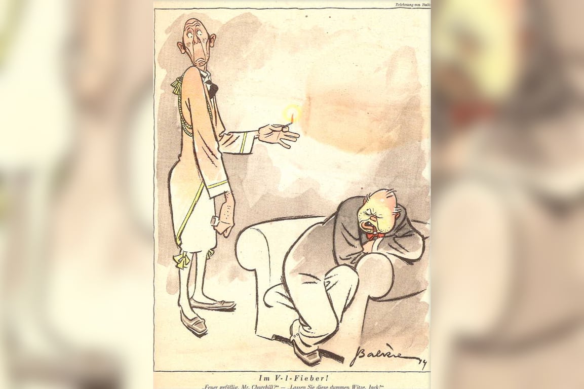 Нацистская карикатура 1944 года с изображением Черчилля, который страдает от обстрелов «Фау-1». Заголовок: «Лихорадка «Фау-1». «Не хотите ли прикурить, мистер Черчилль?» — «Прекратите эти дурацкие шутки, Джек!». Источник:  Calvin University