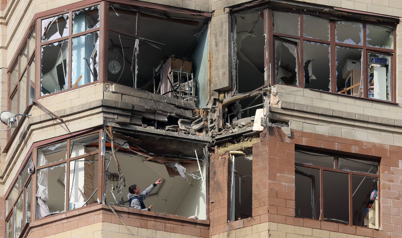 A residential building in Ramenskoe, outside Moscow, following a Ukrainian drone strike, 11 March 2025. Photo: EPA / Maxim Shipenkov