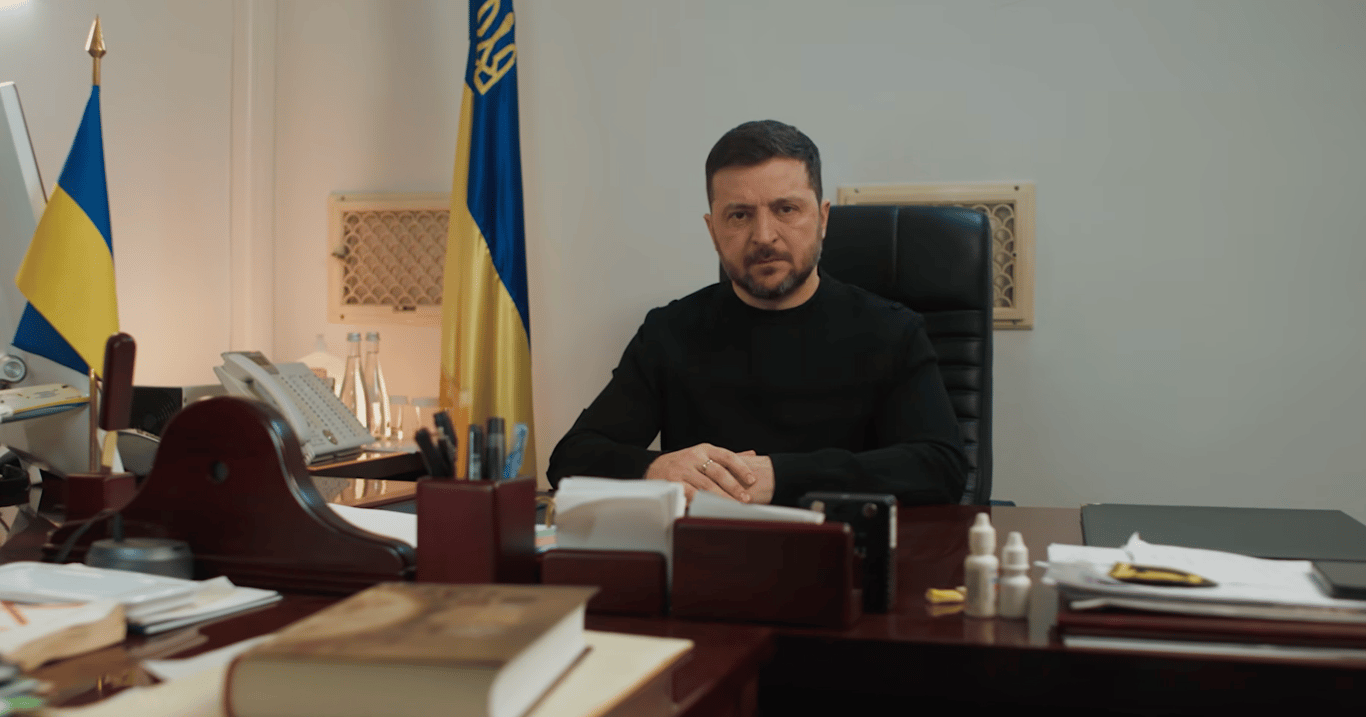 Ukrainian President Volodymyr Zelensky makes his address to the nation on the fourth anniversary of the Russian invasion, 24 February 2026. Screenshot: YouTube