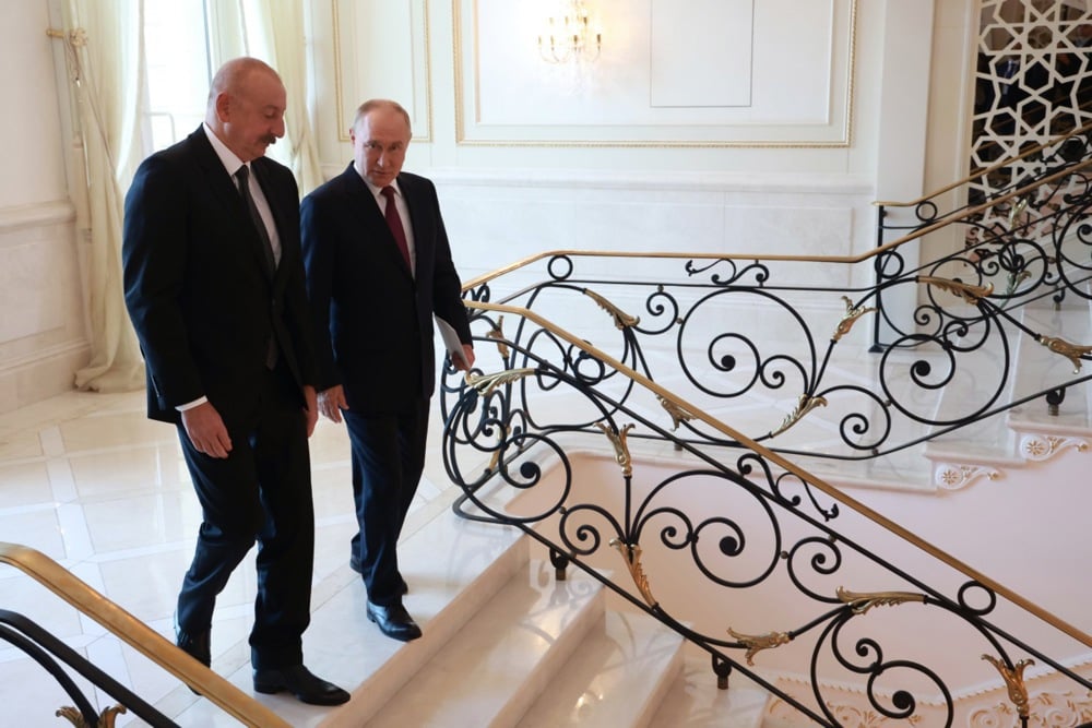 Vladimir Putin and Azerbaijani President Ilham Aliyev meet in Baku, Azerbaijan, 19 August 2024. Photo: EPA/VYACHESLAV PROKOFYEV / SPUTNIK / KREMLIN POOL