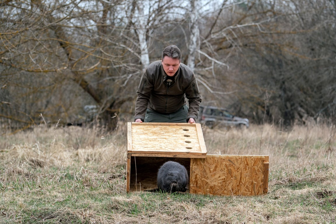 Начальник научного отдела Чернобыльского радиационно-экологического биосферного заповедника Денис Вишневский выпускает бобра в лес в зоне отчуждения, Украина, 13 апреля 2021 года. Фото: Evgeniy Maloletka / AP / Scanpix / LETA