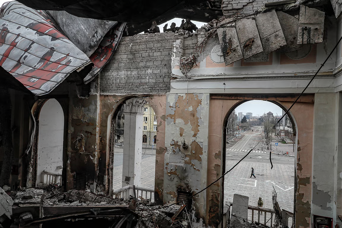 The ruins of the Mariupol Drama Theatre in Ukraine’s Donetsk region, 12 April 2022. Photo: Sergey Ilnitsky / EPA