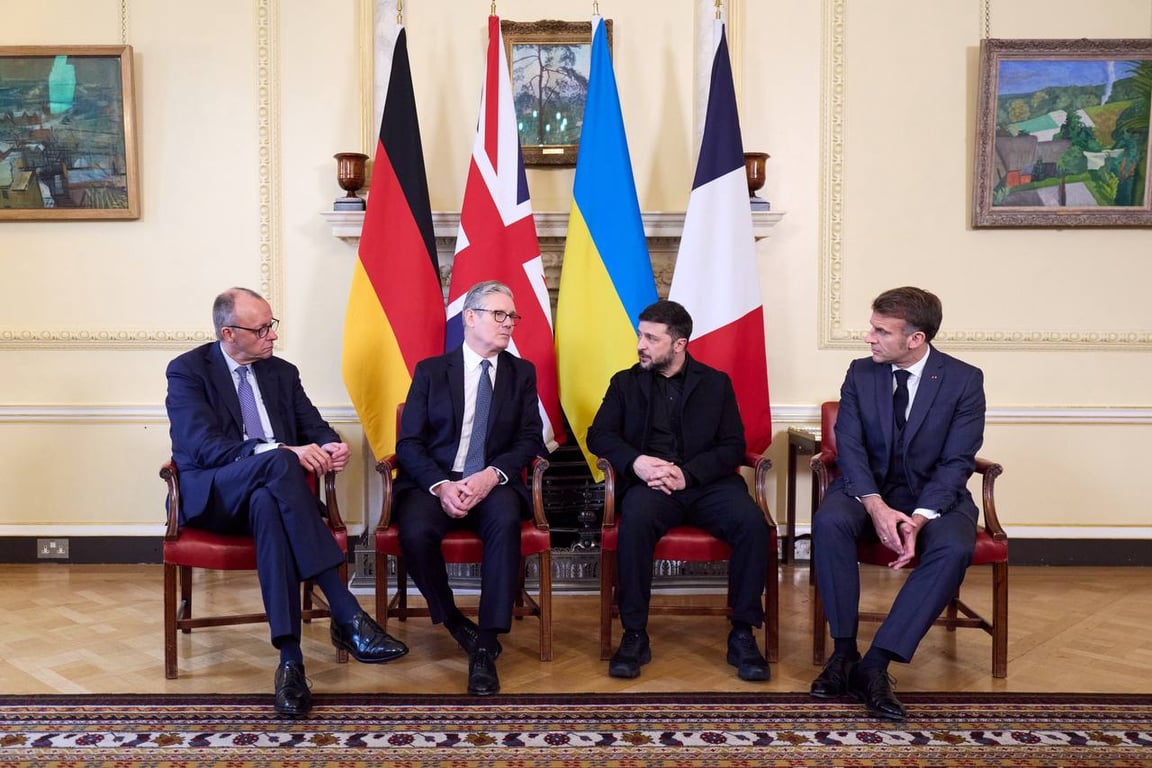 German Chancellor Friedrich Merz, British Prime Minister Keir Starmer, Ukrainian President Volodymyr Zelensky, and French President Emmanuel Macron, meet at 10 Downing Street, London, 8 December 2025. Photo: Zelensky / Telegram