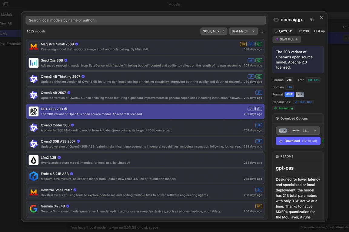 Вкладка с открытой LM Studio, в которой которой устанавливаются локально различные большие языковые модели (LLMs). Фото: Сергей Голубицкий