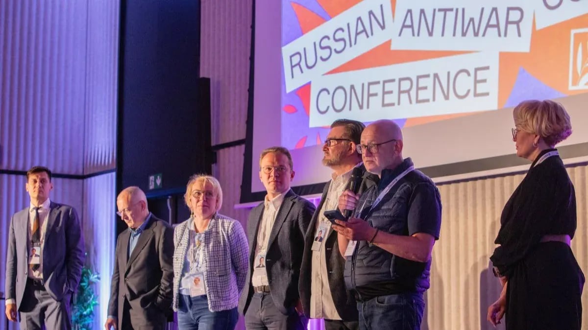 Members of the Russian Antiwar Committee at a conference in Berlin, April 2023. Photo: Russian Antiwar Committee