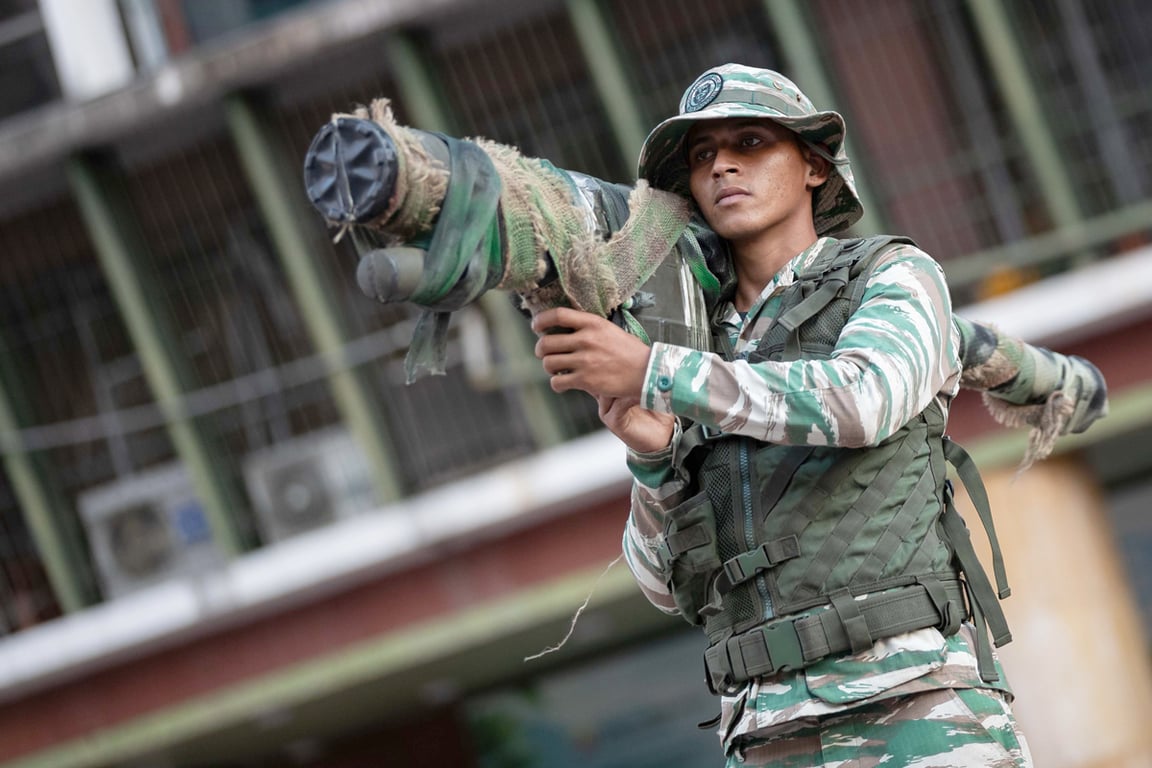 Боец боливарианского ополчения несёт дежурство во время провластной демонстрации в Каракасе, Венесуэла, 30 октября 2025 года. Фото: Ronald Pena R / EPA