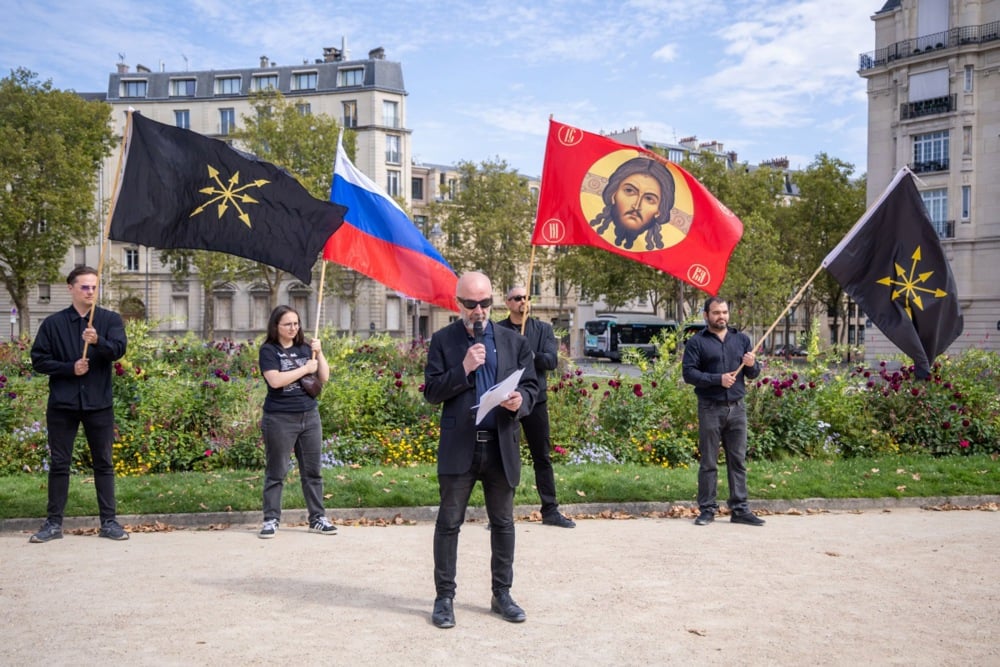 Vincent Perfetti (C), President of SOS Donbass, speaks during a gathering to commemorate the death of Darya Dugina, the daughter of Russian ultra-nationalist philosopher Alexander Dugin, in Paris, France, 23 August 2025. Photo: EPA/YOAN VALAT