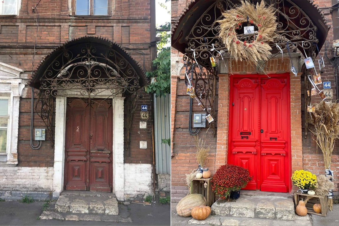 Первая дверь до и после реставрации в Мариуполе. Фото из личного архива героев