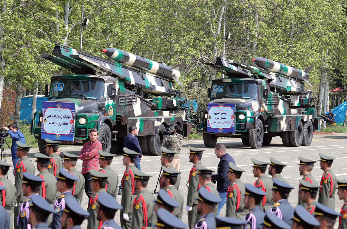 Iranian medium-range Nazaat missiles during the annual Army Day celebrations at a military base in Tehran, Iran, 17 April 2024. Photo: Abedin Taherkenareh / EPA