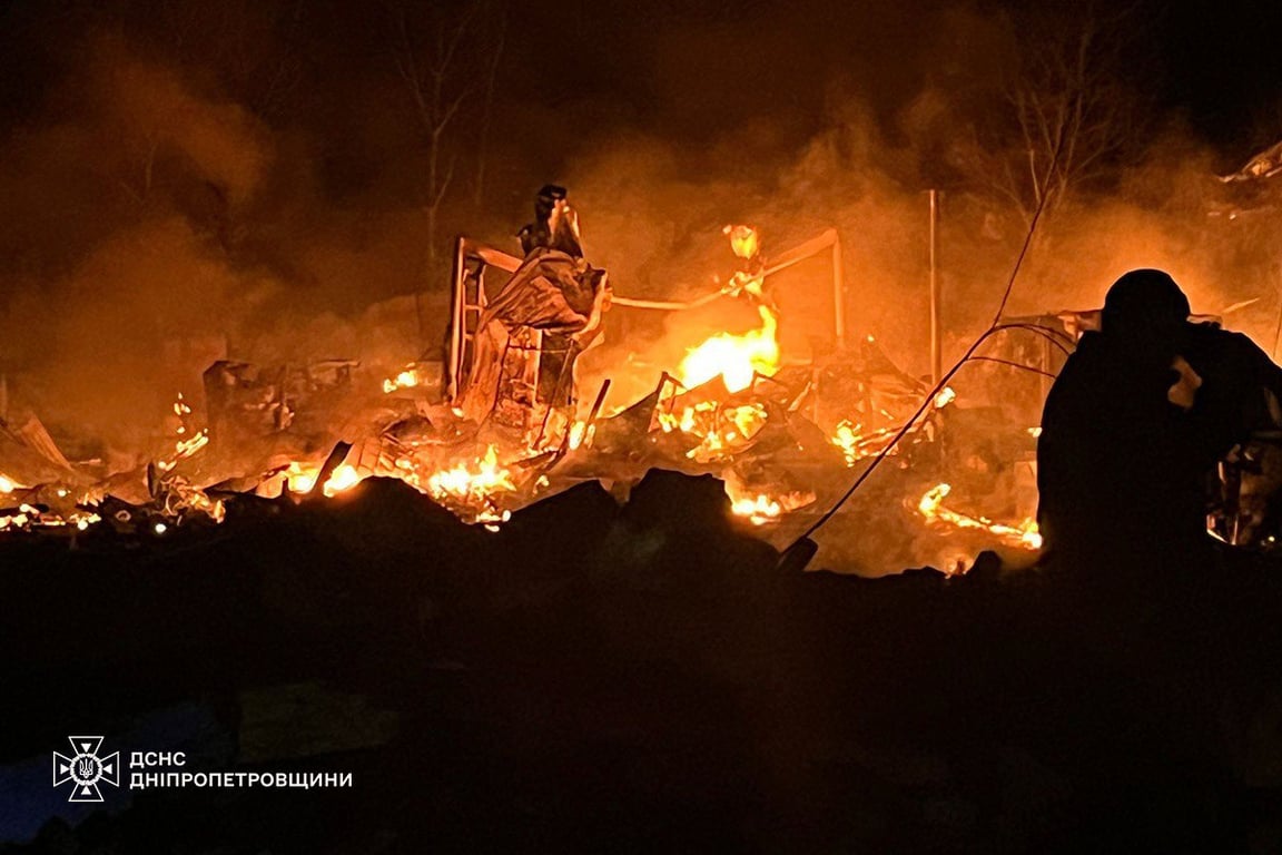 First responders tackle a blaze following a Russian drone strike on eastern Ukraine‘s Dnipropetrovsk region. Photo: Security Service of Ukraine