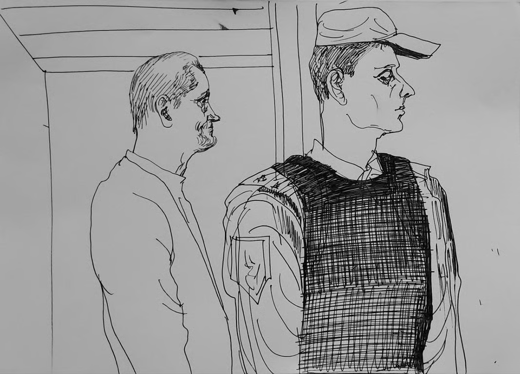 A drawing of Alexander Nesterenko in court. Yekaterina Galaktionova