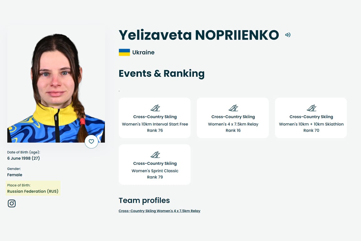 Скриншот страницы с информацией о Елизавете Ноприенко. Источник:  olympics.com