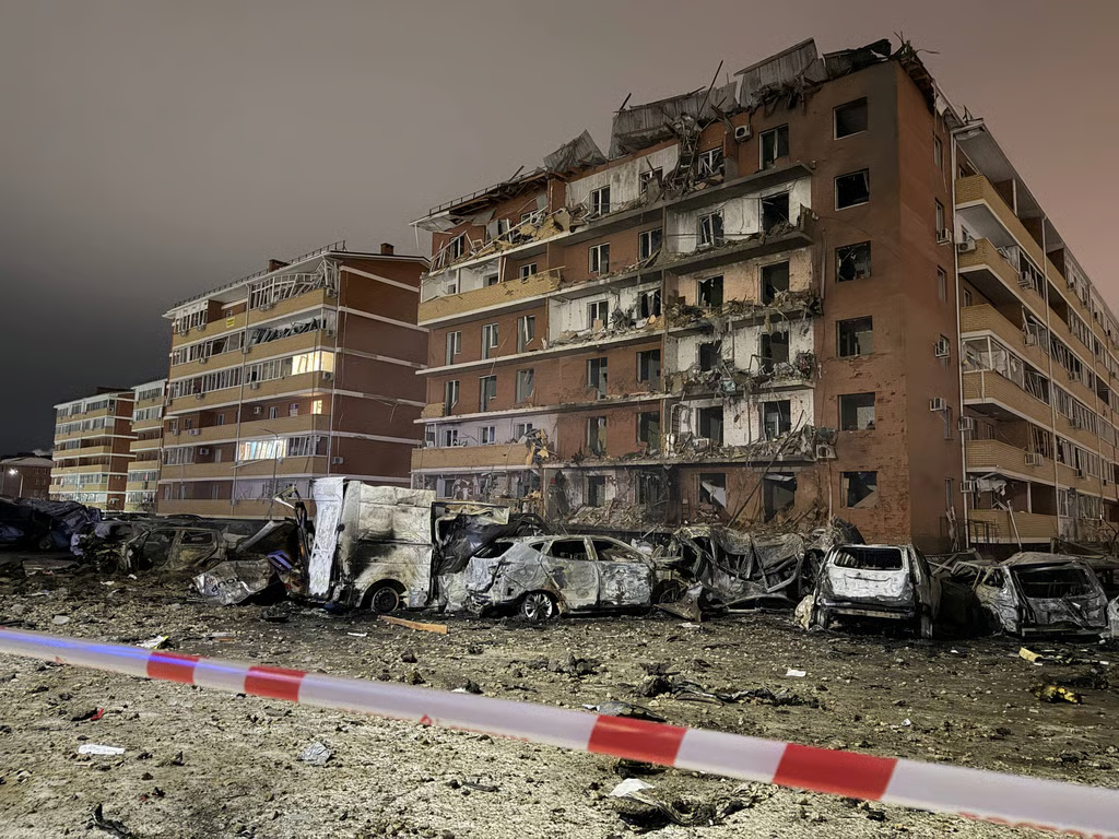 The damaged high-rise building in the town of Novaya Adygea, southern Russia, 20 January 2026. Photo: Murat Kumpilov / Telegram