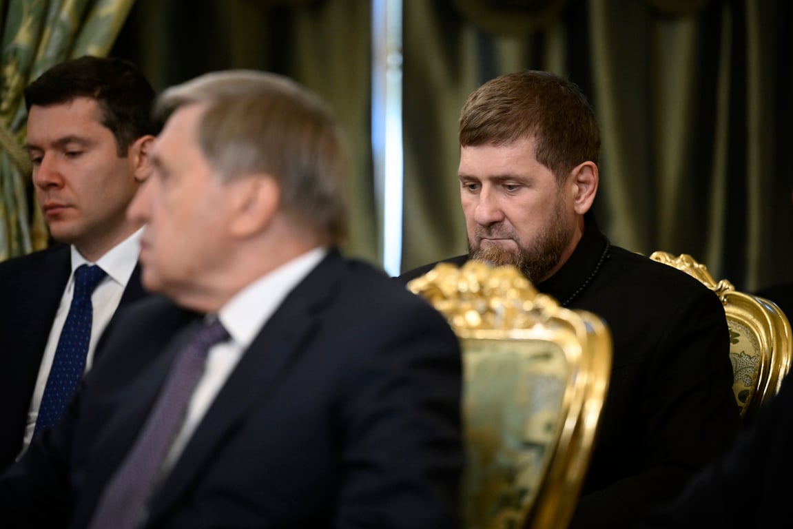 Kremlin-installed Chechen warlord Ramzan Kadyrov (R) attends a meeting at the Kremlin in Moscow, 7 August 2025. Photo: EPA / Alexander Nemenov / Pool