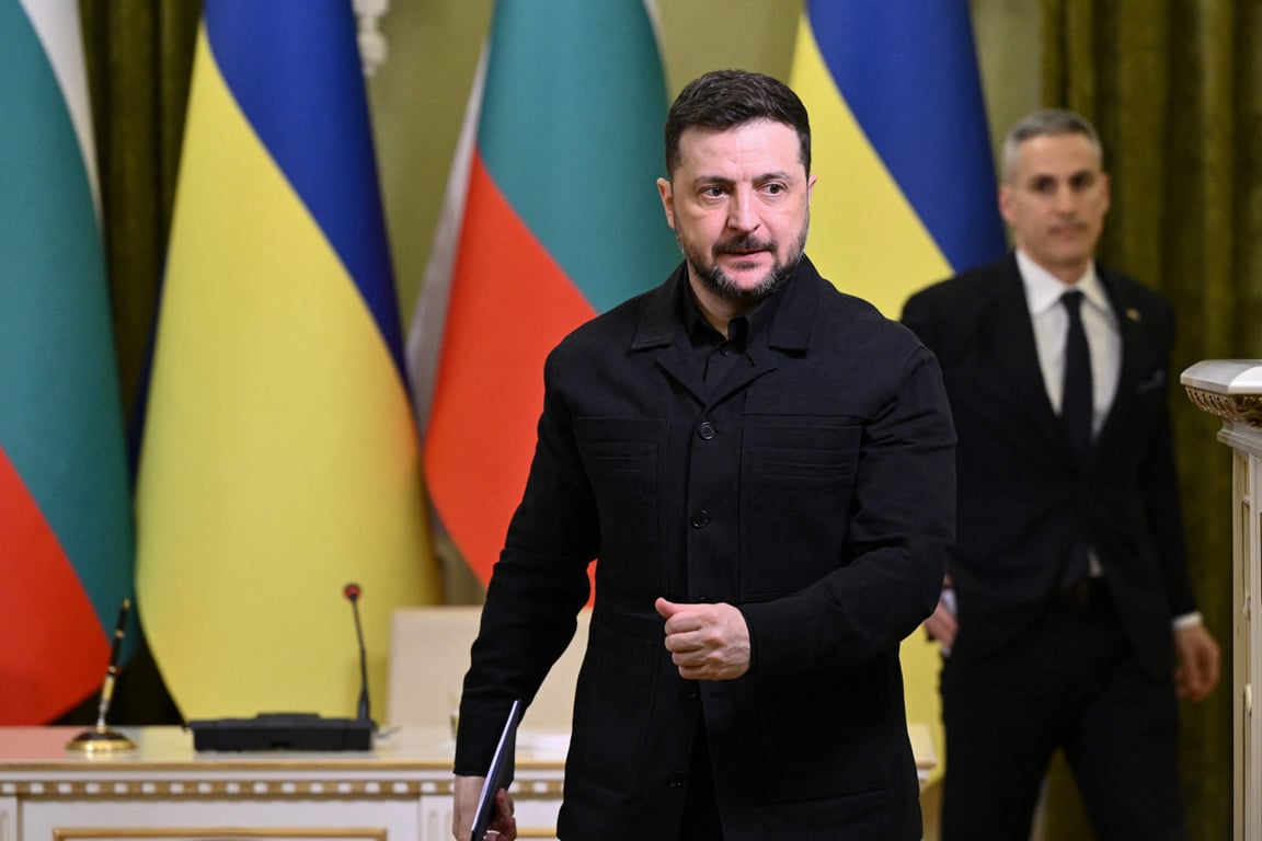 Президент Украины Владимир Зеленский и премьер-министр Болгарии Андрей Гюров после совместной пресс-конференции в Киеве, Украина, 30 марта 2026 года. Фото: Genya Savilov / AFP / Scanpix / LETA