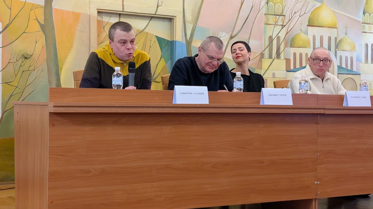 Uladzimir Labkovich, Viktar Babaryka, Kalesnikava and Aliaksandr Feduta at a press conference in Chernihiv, Ukraine, 14 December 2025. Photo: Novaya Gazeta Europe
