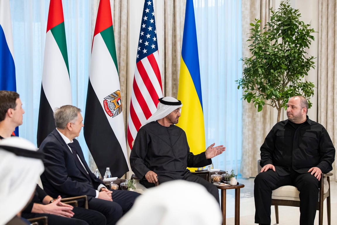 UAE President Mohamed bin Zayed Al Nahyan hosts talks between delegations from Ukraine, Russia and the United States at Abu Dhabi’s Al Shati Palace, United Arab Emirates, 23 January 2026. Photo: EPA