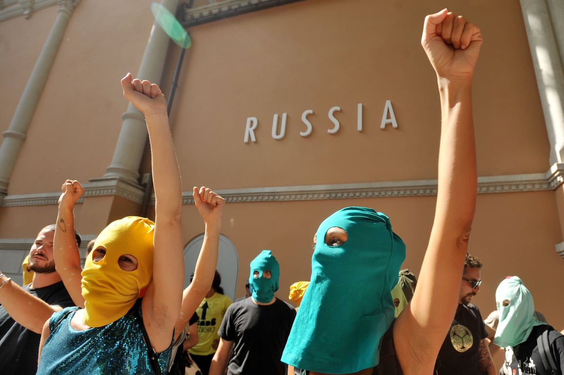 A protest against the jailing of Pussy Riot members in Russia outside the Russian pavilion at the 2012 Venice Biennale on 29 August 2012. Photo: EPA / Szilard Koszticsak