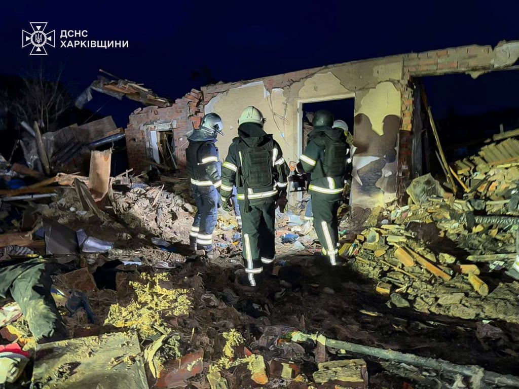 The aftermath of a Russian drone strike on a residential building in Bohodukhiv, in eastern Ukraine’s Kharkiv region, 9 February 2026. Photo: State Emergency Service of Ukraine