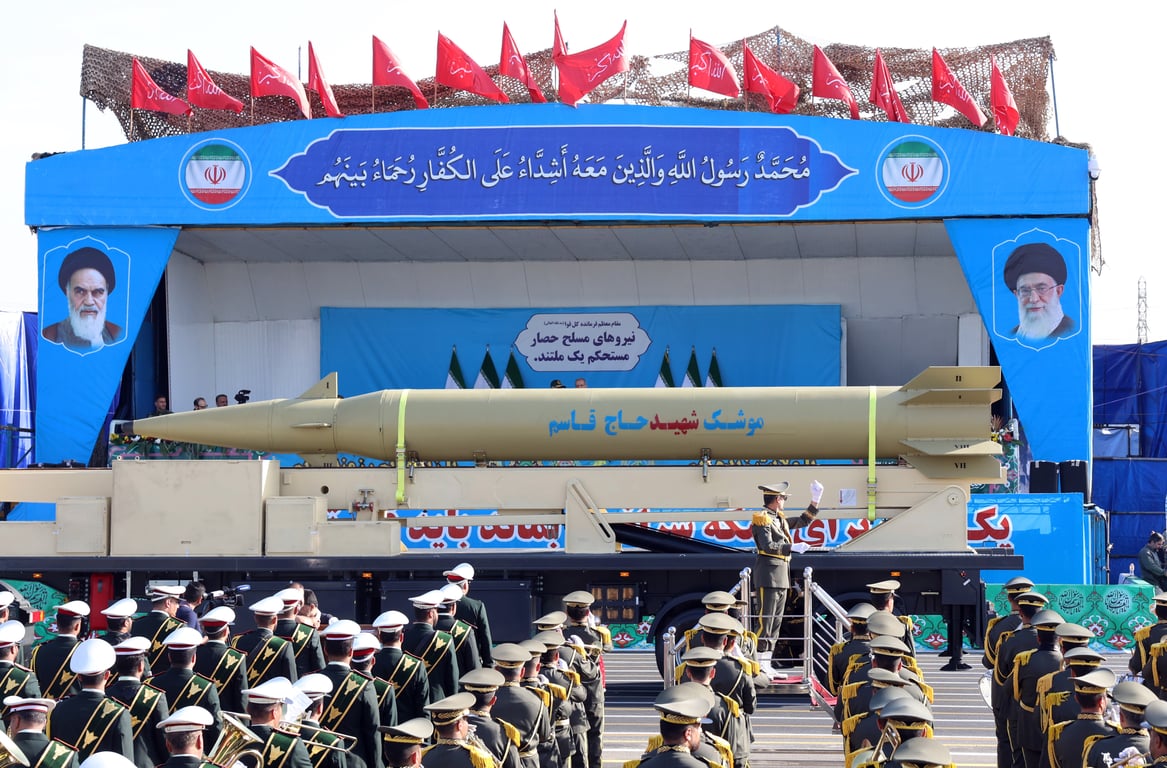 An Iranian missile on display in Tehran during a military parade to mark the country’s 1980 invasion of Iraq in Tehran, 21 September 2024. Photo: EPA / ABEDIN TAHERKENAREH