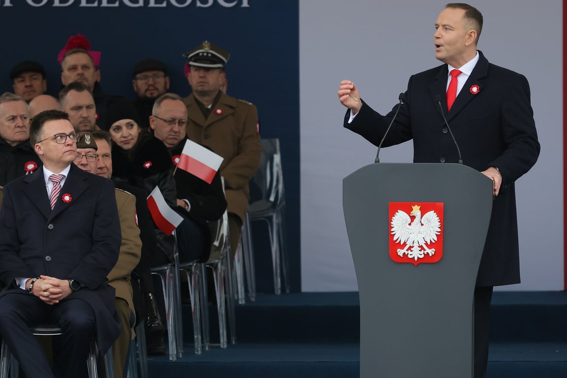 Polish President Karol Nawrocki delivers a speech during Independence Day celebrations in Warsaw, Poland, 11 November 2025. Photo: EPA / Rafal Guz