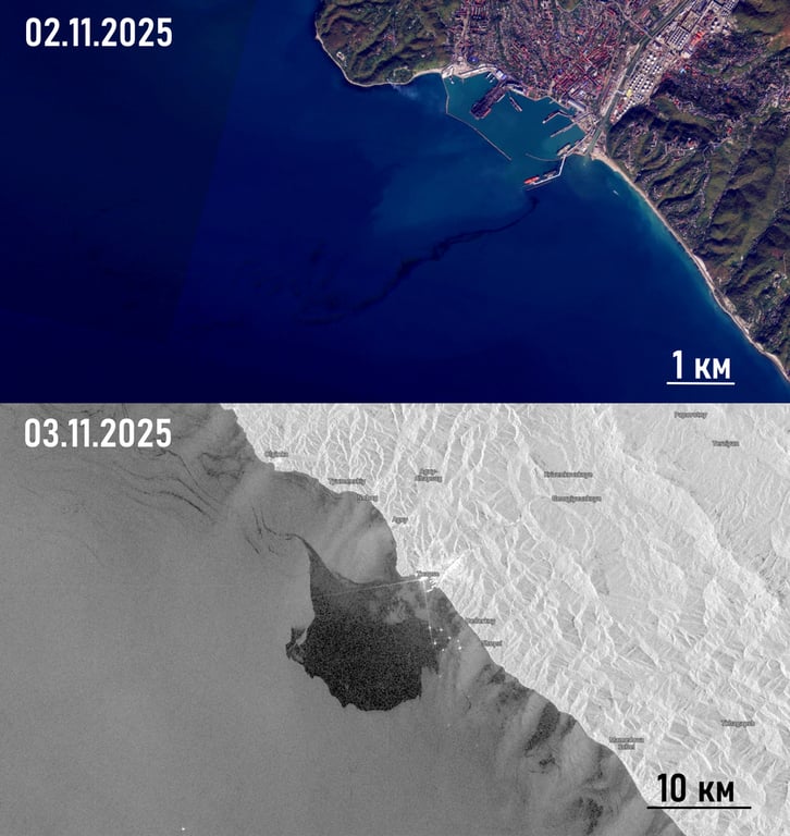 Вид на предполагаемый разлив нефти со спутника в порту Туапсе, ноябрь 2025 года. Фото: Sky Eye /  Telegram