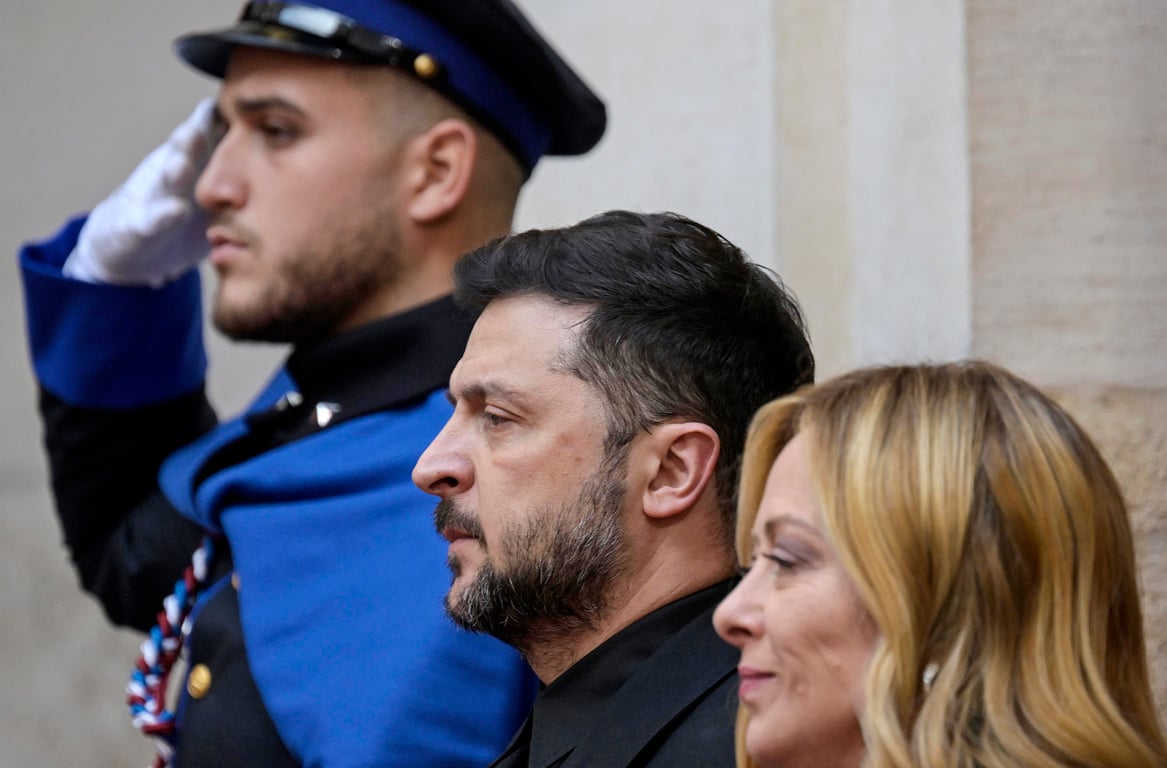 Ukrainian President Volodymyr Zelensky and Italian Prime Minister Giorgia Meloni before talks at Rome’s Palazzo Chigi, 9 December 2025. Photo: EPA / Riccardo Antimiani