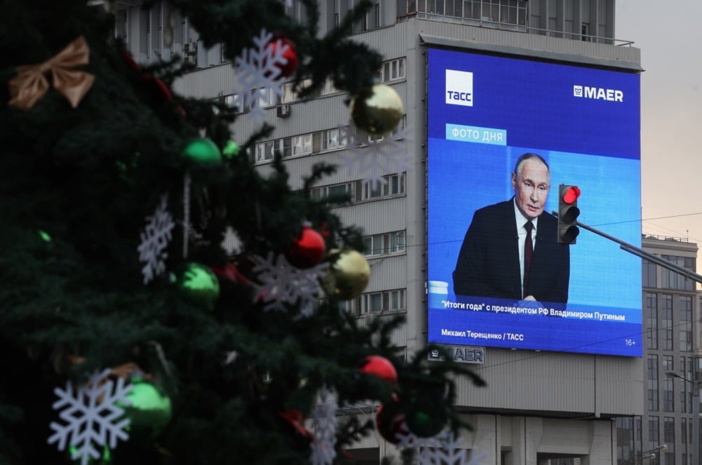 A screen displays a live broadcast of Vladimir Putin’s annual Direct Line call-in show in Moscow, Russia, 19 December 2025. Photo: EPA/MAXIM SHIPENKOV