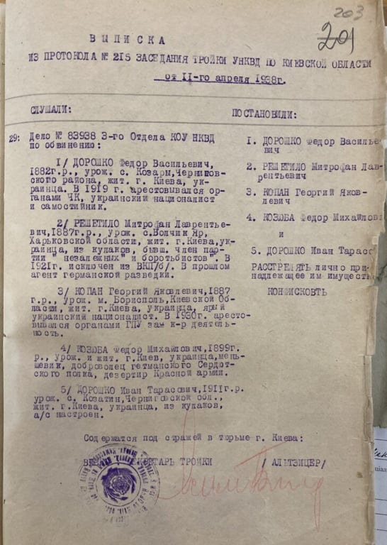 Выписка из протокола 215 заседания тройки УНКВД по Киевской области. Фото:  bykivnia.org.ua  / Wikimedia (PD)